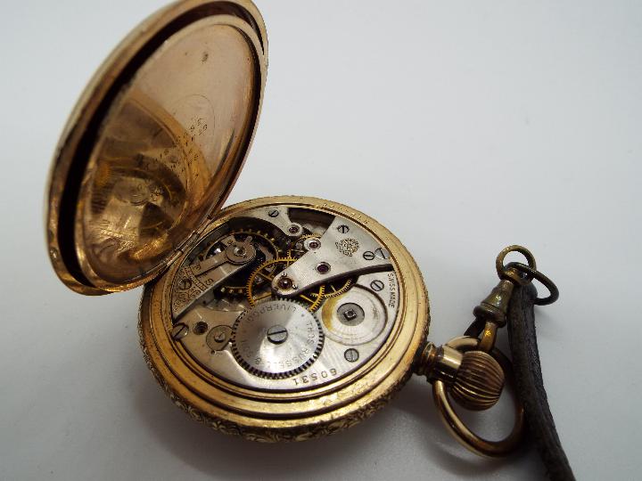 A yellow metal full hunter crown wind pocket watch, - Image 4 of 6