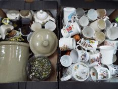 Two boxes of mixed ceramics to include Aynsley, Royal commemorative, Toby / character jugs,