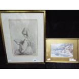An etching of a young lady reading and a small watercolour of Lynmouth.