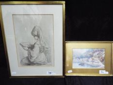 An etching of a young lady reading and a small watercolour of Lynmouth.