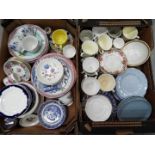 Two trays of assorted ceramics and china to include Adams Calyx Ware, Orient Line, blue and white,