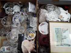 A mixed lot to include ceramics, glassware, pictures and similar, two boxes.