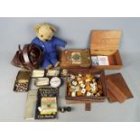 A mixed lot to include MahJong, vintage card games, vintage bear, belt and similar.