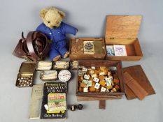 A mixed lot to include MahJong, vintage card games, vintage bear, belt and similar.