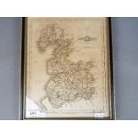 Small framed, hand coloured map of Lancashire by John Cary,