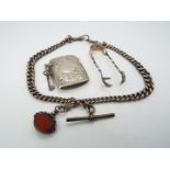 A hallmarked silver watch chain with T bar and swivel fob, Chester assay 1920, a silver vesta case,