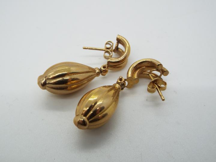 9ct gold - a pair of 9ct yellow gold drop earrings, both with butterfly clasps, stamped 375, - Image 2 of 2