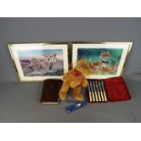 A mixed lot to include two framed lenticular pictures of animals, soft toy,