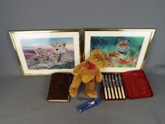 A mixed lot to include two framed lenticular pictures of animals, soft toy,