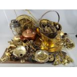 A large quantity of metalware comprising brass, copper, plated ware and similar,