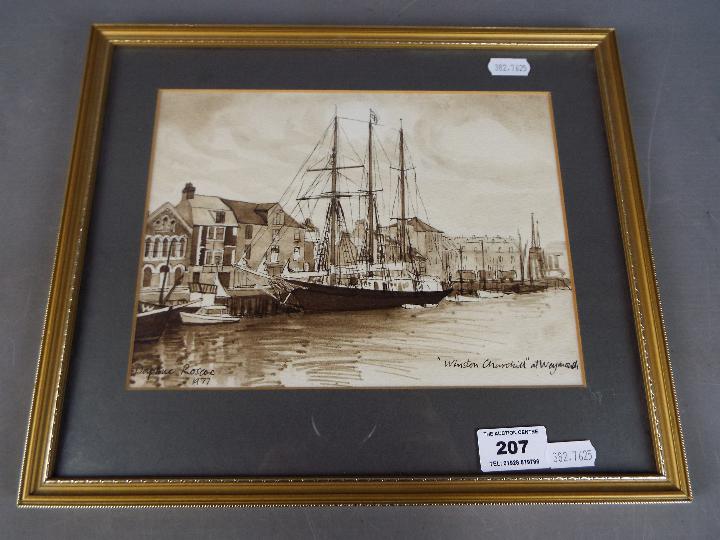 A watercolour and ink picture entitled 'Winston Churchill at Weymouth' signed by the artist Daphne