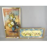 A framed mixed media picture depicting a vase of flowers,
