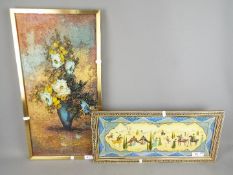 A framed mixed media picture depicting a vase of flowers,