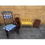 A good quality rocking chair, sewing accessories storage chest and small painted bench.