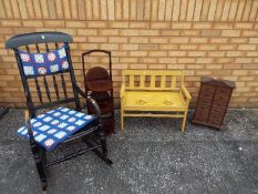 A good quality rocking chair, sewing accessories storage chest and small painted bench.
