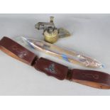 A Royal Artillery cross belt and pouch, a vintage Bladon blow lamp and weaving shuttle.