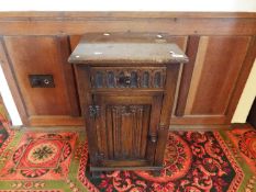 A carved oak small cupboard with single drawer above,