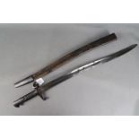 1860 pattern Yataghan sword bayonet with steel mounted leather scabbard,