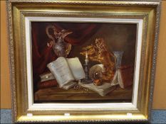 An oil on panel, signed lower right (unclear), image size approx 39 cm x 49 cm, gilt framed,