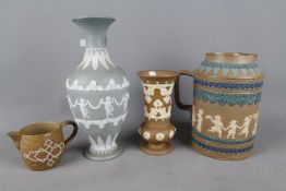 Doulton Lambeth - Four pieces of Silicon Ware to include an Eliza Simmance cream jug with mosaic