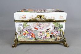 A late 19th century casket, probably Meissen, gilt metal mounted,