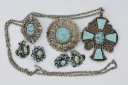 A quantity of white metal and turquoise jewellery to include two pairs of earrings,