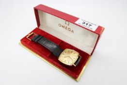 A gentleman’s gold-plated square cased Omega wristwatch, 17 jewel Omega calibre 601 centre seconds,