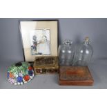 A mixed lot to include a wooden box with hand painted decoration and inset glass panels,
