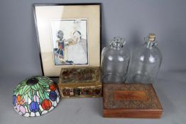 A mixed lot to include a wooden box with hand painted decoration and inset glass panels,