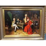 An oil on panel depicting a figural group in period costume pondering over a game of chess,