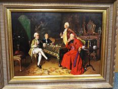 An oil on panel depicting a figural group in period costume pondering over a game of chess,