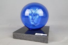 Bertil Vallien for Kosta Boda - Headman Blue sculpture on black marble base, signed to the base,