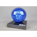 Bertil Vallien for Kosta Boda - Headman Blue sculpture on black marble base, signed to the base,