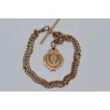 A 9ct, hallmarked rose gold fob on watch chain stamped 9ct, with T bar,