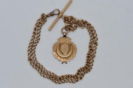 A 9ct, hallmarked rose gold fob on watch chain stamped 9ct, with T bar,