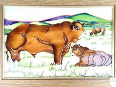 Moorcroft Pottery - a framed panel depicting Limousin Bulls, issued in a limited edition of 30,