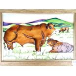 Moorcroft Pottery - a framed panel depicting Limousin Bulls, issued in a limited edition of 30,