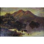 A small, framed, oil on canvas depicting a landscape scene with cattle by a shoreline,