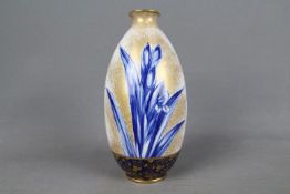 A Royal Doulton vase decorated with blue iris, gilt and white ground, green backstamp, # C8288,