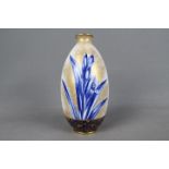 A Royal Doulton vase decorated with blue iris, gilt and white ground, green backstamp, # C8288,