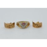 A 9ct yellow gold ring, stone set, size L, and a pair of 9ct rose gold earrings, approximately 3.