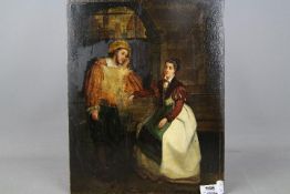 An oil on panel depicting an unknown couple clad in period costume, 35 cm x 28 cm,