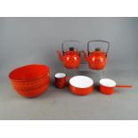 A collection of Finnish, Finel enamel ware to include large bowl, two teapots,