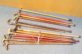 A good collection of vintage walking sticks, many with animal head / animal form handles.
