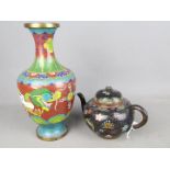 A cloisonné vase with depiction of a dragon chasing the flaming pearl and a cloisonné teapot with