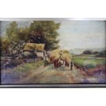 A small, framed, oil on canvas of a landscape scene depicting a hay wain beside a cottage,