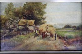 A small, framed, oil on canvas of a landscape scene depicting a hay wain beside a cottage,