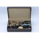 Silver - a jewellery box containing a quantity of silver coins, Siam necklace and jewellery,