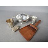 Lot to include a pewter Quaich, copper sovereign shovel,