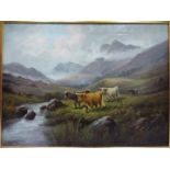 A large framed oil on canvas depicting cattle in a highland landscape,